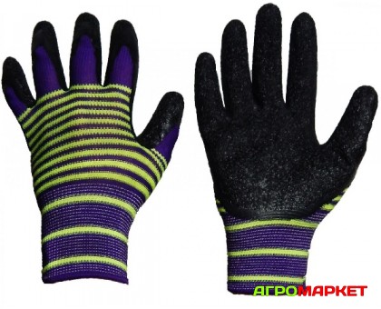 Перчатки нейлоновые JH со вспененным покрытием салатово-фиолетово-черные